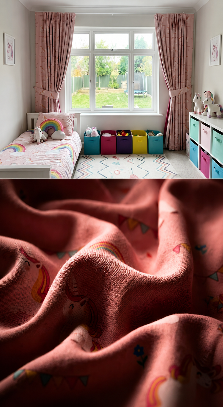 Evernights Blackout Curtains Children's bedroom with colorful storage bins and a window, followed by a close-up of a pink blanket with cartoon designs.