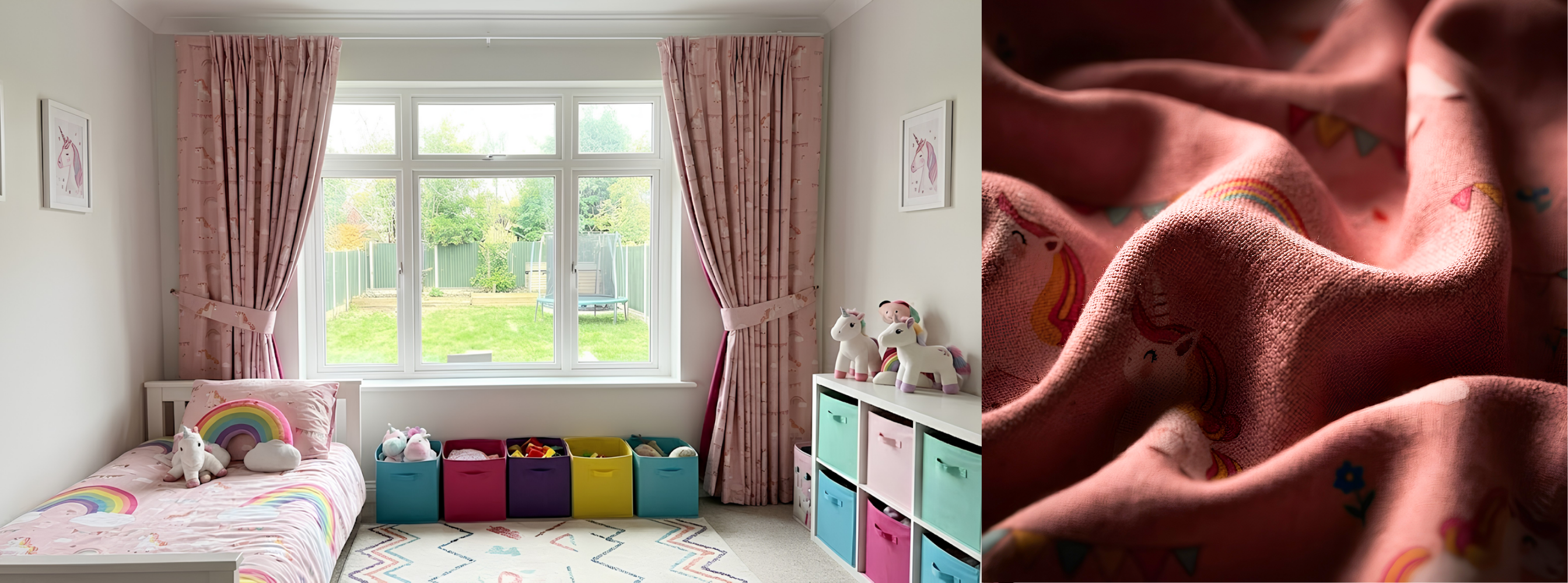 Evernights Children's bedroom with colorful storage bins and a window, followed by a close-up of pink fabric with rainbow patterns.