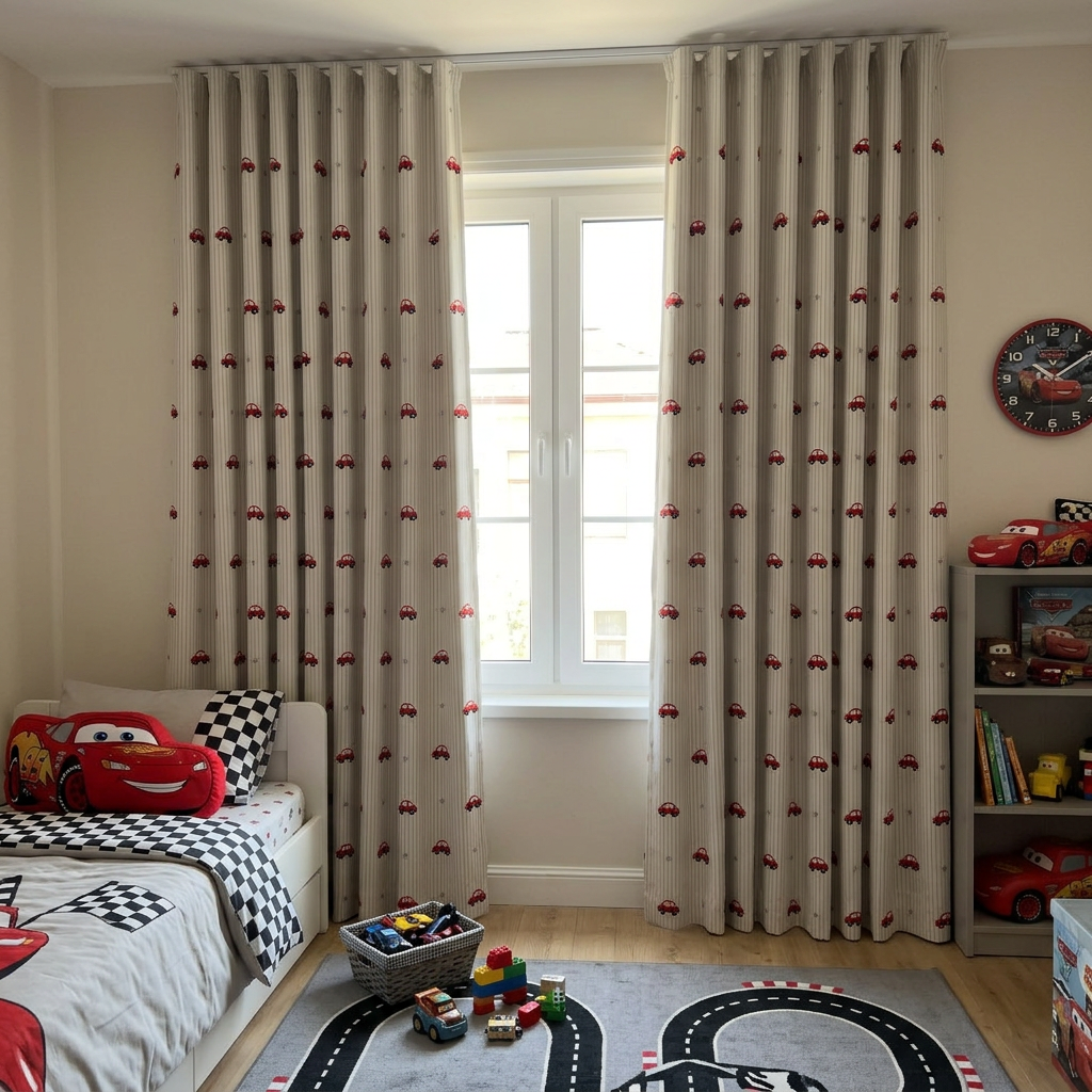 Children's bedroom with car-themed curtains, toys, and decor.